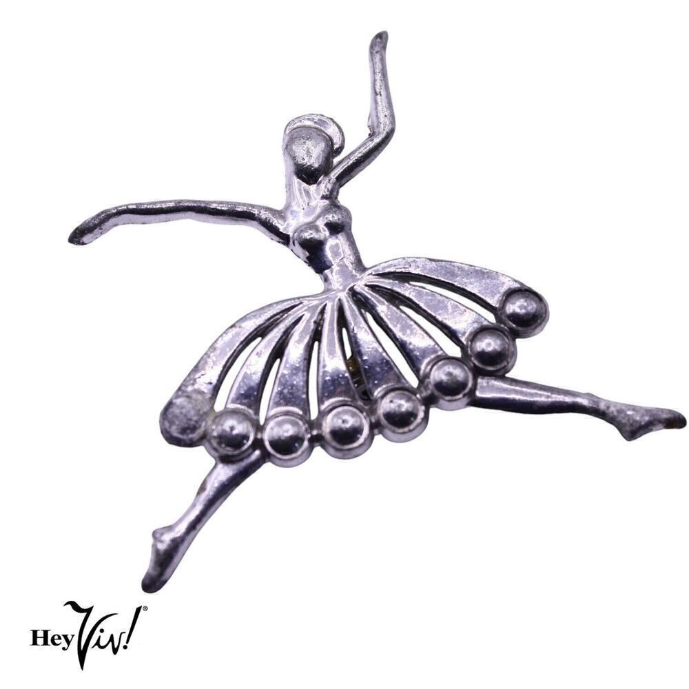 Vintage Dancer Ballerina Ballet Brooch Pin in Silver Metal 2 1/4" - Hey Viv